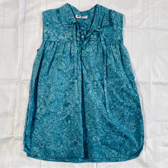 Blue Batik Style Handmade Women's Sleeveless Renaissance Tunic V Neck Tie Up - Picture 3 of 13